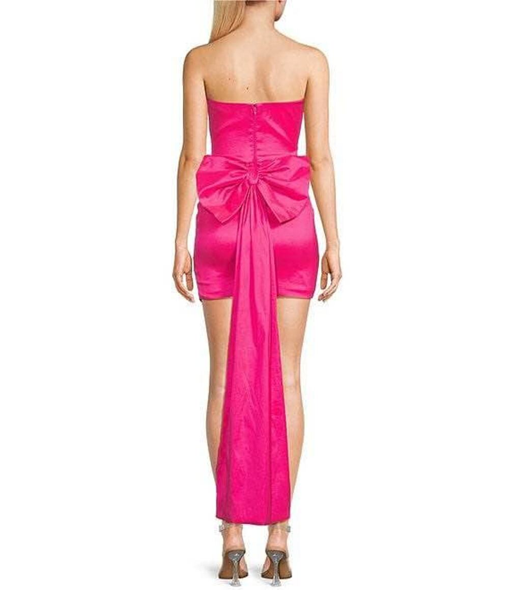 Allison & Kelly XS Hot Pink Strapless Taffeta Bow Back WithTrain Mini Dress